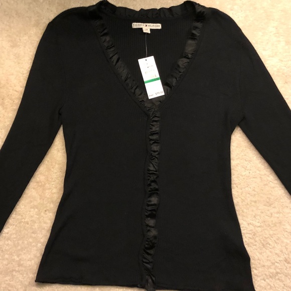 Tommy Hilfiger Sweaters - Tommy Hilfiger Black Ruffles Snap Cardigan Lrg NWT